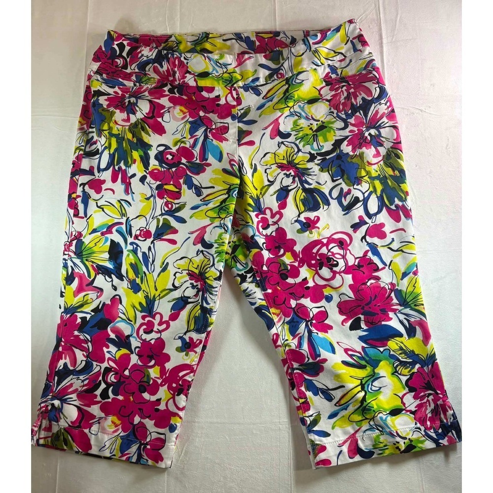 Womens Floral Capri Pants Multi Color Bright Cropped Trousers Pockets Size 22w